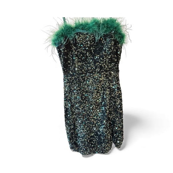 Festive Emerald Green Sequin Mini Dress featuring   Feather Bust Trim - Picture 4 of 6